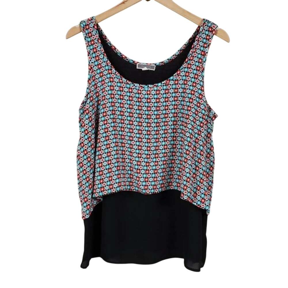 Pleione Sleeveless Layered Blouse Black Red Teal Geometric Women Size S